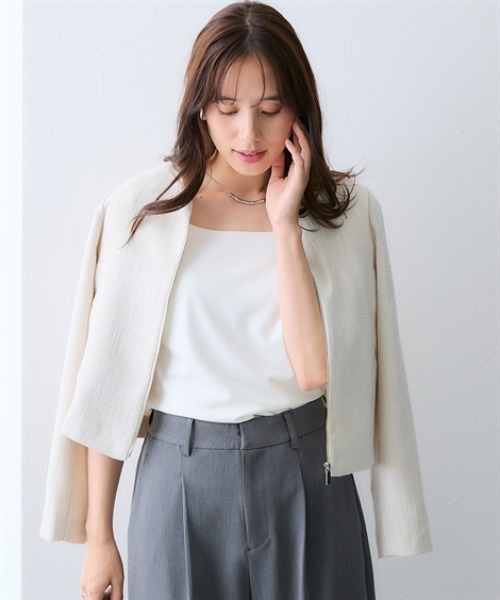 7days Life Styling（セブンデイズライフスタイリング）の「ノーカラーツイードジャケット（カバーオール・レディース・アイボリー/グレー・3L/LL/L/M）」の3枚目の写真