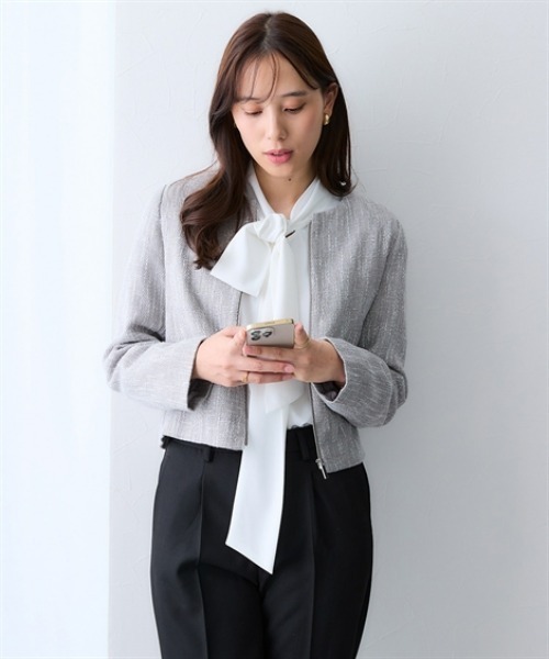 7days Life Styling（セブンデイズライフスタイリング）の「ノーカラーツイードジャケット（カバーオール・レディース・アイボリー/グレー・3L/LL/L/M）」の6枚目の写真