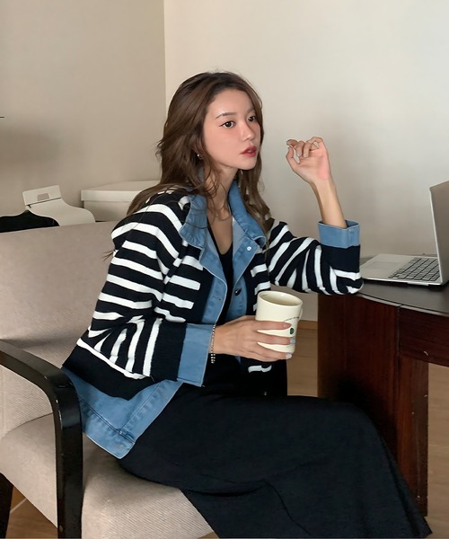 inst.ALL(インストール)の「春も使える!デニムドッキングニットカーディガン(カーディガン/ボレロ・レディース・ブラック×ホワイト/ブラック・M)」の9枚目の写真
