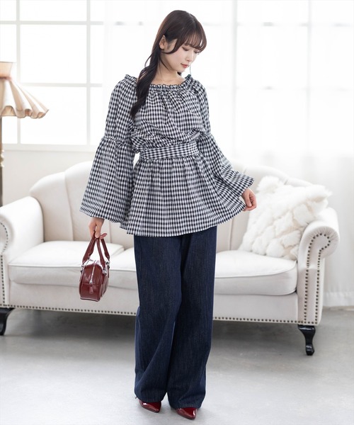 CLEAR BASIC（クリアベーシック）の「肩パール2way袖バルーンチュニック[着回し力抜群 ガーリー チェック柄]≪新作≫（チュニック・レディース・イエロー/ネイビー/ブラック系その他・F）」の11枚目の写真