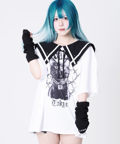 TRAVAS TOKYO(トラバス トウキョウ)の「『TRAVAS TOKYO/トラバス トーキョー』セーラーカラー猫プリントTシャツ(Tシャツ/カットソー・レディース・ホワイト/ブラック・FREE)」の2枚目の写真