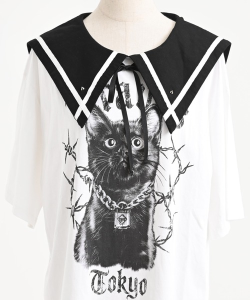 TRAVAS TOKYO(トラバス トウキョウ)の「『TRAVAS TOKYO/トラバス トーキョー』セーラーカラー猫プリントTシャツ(Tシャツ/カットソー・レディース・ホワイト/ブラック・FREE)」の22枚目の写真