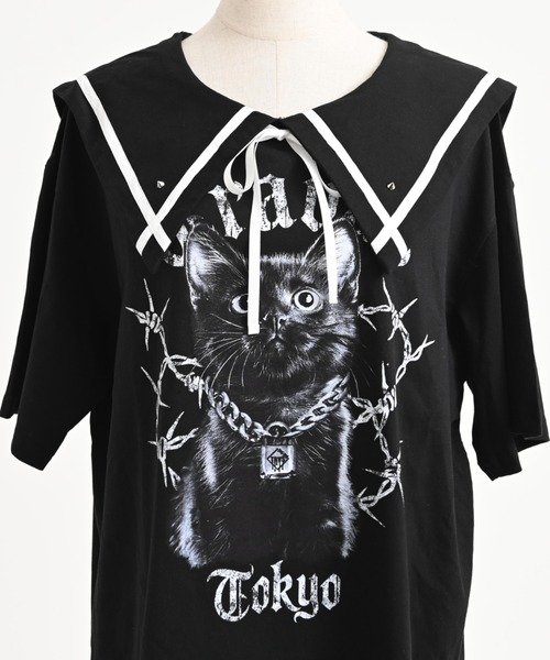TRAVAS TOKYO(トラバス トウキョウ)の「『TRAVAS TOKYO/トラバス トーキョー』セーラーカラー猫プリントTシャツ(Tシャツ/カットソー・レディース・ホワイト/ブラック・FREE)」の21枚目の写真