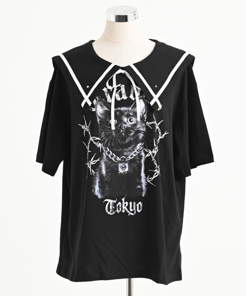 TRAVAS TOKYO(トラバス トウキョウ)の「『TRAVAS TOKYO/トラバス トーキョー』セーラーカラー猫プリントTシャツ(Tシャツ/カットソー・レディース・ホワイト/ブラック・FREE)」の15枚目の写真
