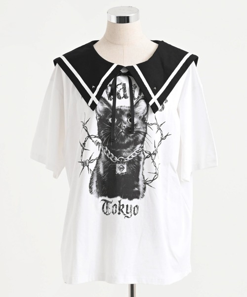 TRAVAS TOKYO(トラバス トウキョウ)の「『TRAVAS TOKYO/トラバス トーキョー』セーラーカラー猫プリントTシャツ(Tシャツ/カットソー・レディース・ホワイト/ブラック・FREE)」の18枚目の写真