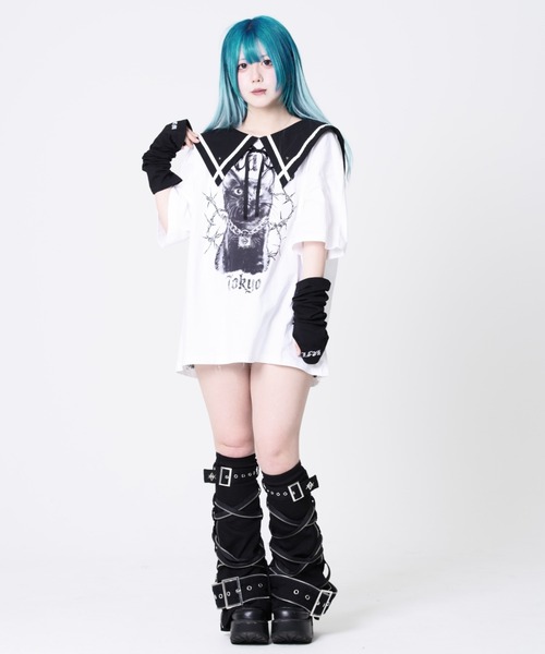 TRAVAS TOKYO(トラバス トウキョウ)の「『TRAVAS TOKYO/トラバス トーキョー』セーラーカラー猫プリントTシャツ(Tシャツ/カットソー・レディース・ホワイト/ブラック・FREE)」の11枚目の写真