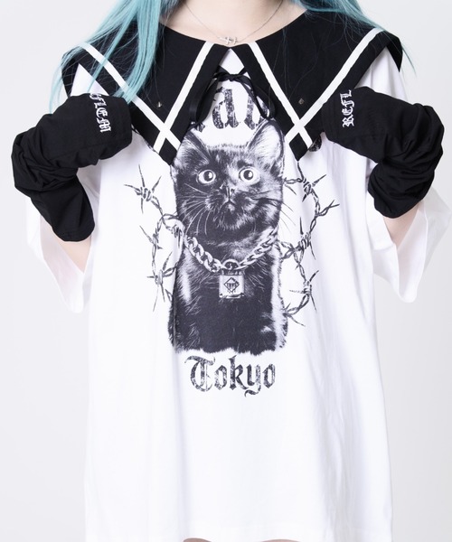 TRAVAS TOKYO(トラバス トウキョウ)の「『TRAVAS TOKYO/トラバス トーキョー』セーラーカラー猫プリントTシャツ(Tシャツ/カットソー・レディース・ホワイト/ブラック・FREE)」の13枚目の写真