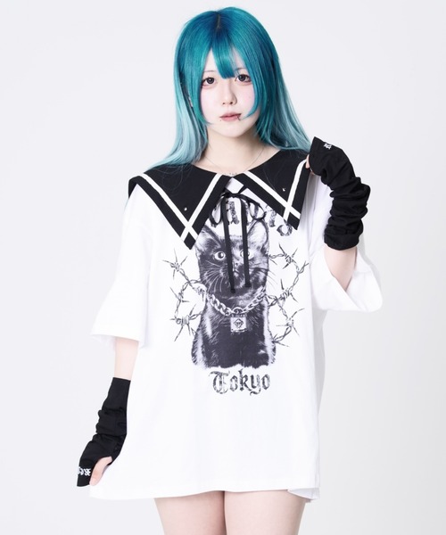 TRAVAS TOKYO(トラバス トウキョウ)の「『TRAVAS TOKYO/トラバス トーキョー』セーラーカラー猫プリントTシャツ(Tシャツ/カットソー・レディース・ホワイト/ブラック・FREE)」の9枚目の写真