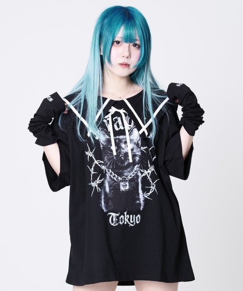 TRAVAS TOKYO(トラバス トウキョウ)の「『TRAVAS TOKYO/トラバス トーキョー』セーラーカラー猫プリントTシャツ(Tシャツ/カットソー・レディース・ホワイト/ブラック・FREE)」の3枚目の写真