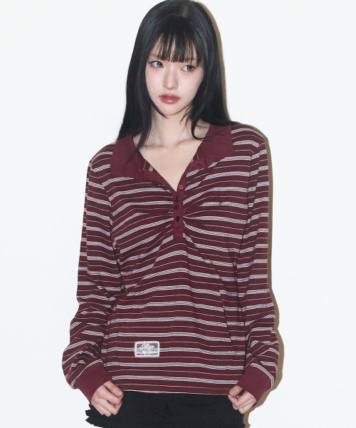 ILLIGO（イリゴ）の「オープンカラー ロングスリーブ バーガンディ（Tシャツ/カットソー・レディース・その他・OS）」の2枚目の写真
