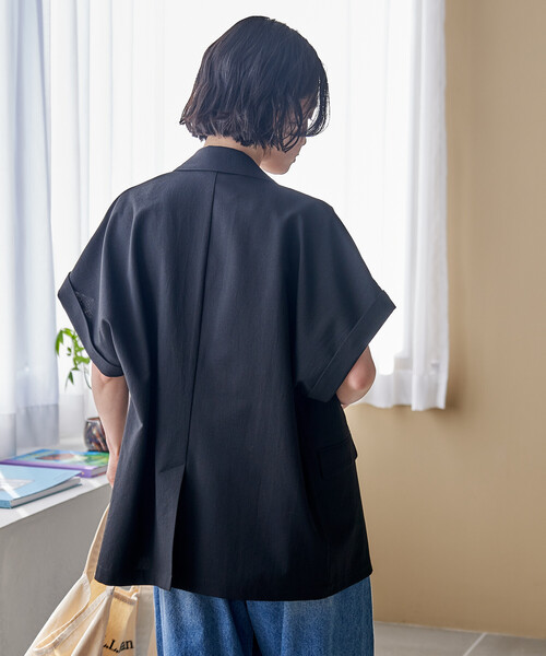 FREAK'S STORE（フリークスストア）の「接触冷感/UVカット LINEN TOUCH ダブルブレスト半袖ジャケット/リネンタッチ ジャケット（テーラードジャケット・レディース・ネイビー/グレー/ブラック・ﾌﾘ-）」の4枚目の写真