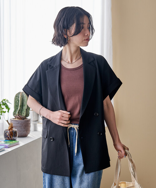 FREAK'S STORE（フリークスストア）の「接触冷感/UVカット LINEN TOUCH ダブルブレスト半袖ジャケット/リネンタッチ ジャケット（テーラードジャケット・レディース・ネイビー/グレー/ブラック・ﾌﾘ-）」の5枚目の写真