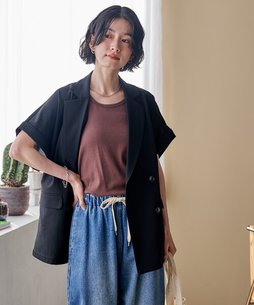 FREAK'S STORE(フリークスストア)の「接触冷感/UVカット LINEN TOUCH ダブルブレスト半袖ジャケット/リネンタッチ ジャケット(テーラードジャケット・レディース・ネイビー/グレー/ブラック・フリ-)」の4枚目の写真