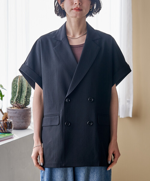 FREAK'S STORE(フリークスストア)の「接触冷感/UVカット LINEN TOUCH ダブルブレスト半袖ジャケット/リネンタッチ ジャケット(テーラードジャケット・レディース・ネイビー/グレー/ブラック・フリ-)」の5枚目の写真