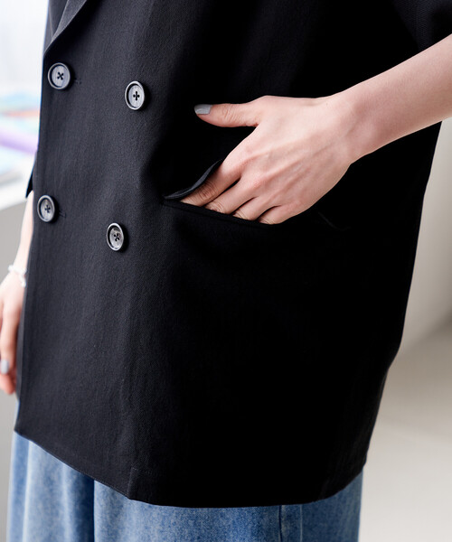 FREAK'S STORE(フリークスストア)の「接触冷感/UVカット LINEN TOUCH ダブルブレスト半袖ジャケット/リネンタッチ ジャケット(テーラードジャケット・レディース・ネイビー/グレー/ブラック・フリ-)」の11枚目の写真