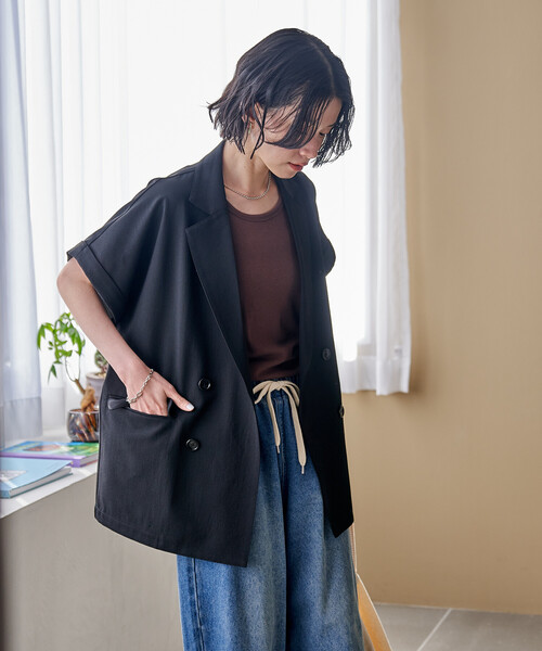 FREAK'S STORE（フリークスストア）の「接触冷感/UVカット LINEN TOUCH ダブルブレスト半袖ジャケット/リネンタッチ ジャケット（テーラードジャケット・レディース・ネイビー/グレー/ブラック・ﾌﾘ-）」の18枚目の写真