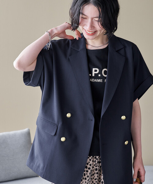 FREAK'S STORE（フリークスストア）の「接触冷感/UVカット LINEN TOUCH ダブルブレスト半袖ジャケット/リネンタッチ ジャケット（テーラードジャケット・レディース・ネイビー/グレー/ブラック・ﾌﾘ-）」の19枚目の写真