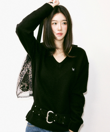 BUTTERFLY PATCH V-NECK KNIT_BLACK