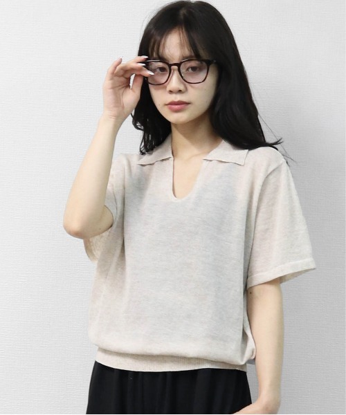 セール】リネン混 ドライタッチシアー スキッパーポロニット LINEN