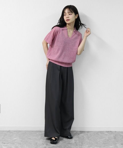 リネン混 ドライタッチシアー スキッパーポロニット LINEN-BLEND HIGH