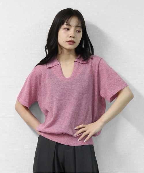 リネン混 ドライタッチシアー スキッパーポロニット LINEN-BLEND HIGH
