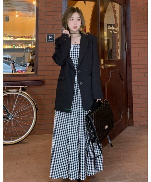 inst.ALL(インストール)の「ギンガムチェックロングベアフレアワンピース(ワンピース・レディース・ホワイト×ブラック・M)」の3枚目の写真