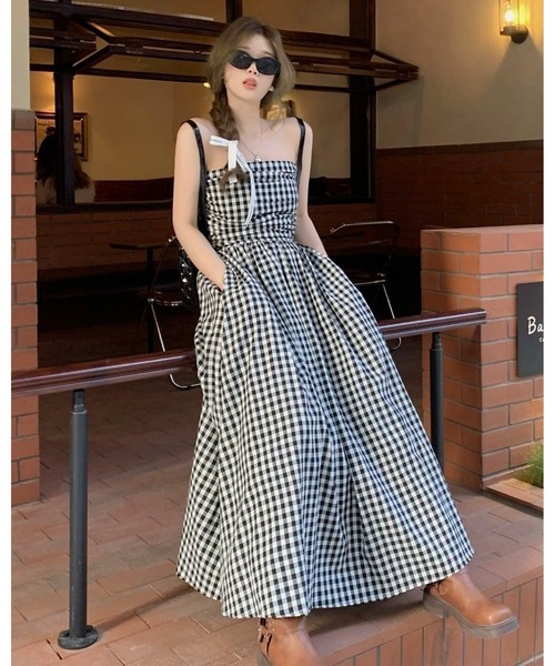 inst.ALL(インストール)の「ギンガムチェックロングベアフレアワンピース(ワンピース・レディース・ホワイト×ブラック・M)」の8枚目の写真