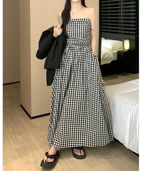 inst.ALL(インストール)の「ギンガムチェックロングベアフレアワンピース(ワンピース・レディース・ホワイト×ブラック・M)」の13枚目の写真