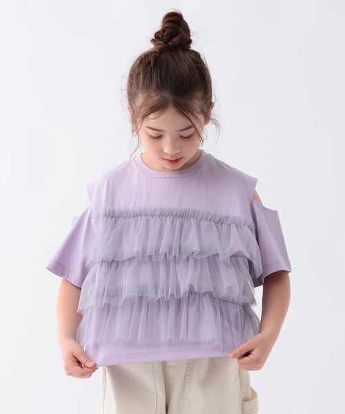 BAYFLOW（ベイフロー）の「[一枚でオシャレに決まる☆]チュールレイヤードオープンショルダーT(KIDS)（Tシャツ/カットソー・キッズ・ブルー/ホワイト/チャコール/パープル・110cm/120cm/130cm/140cm/150cm）」の4枚目の写真