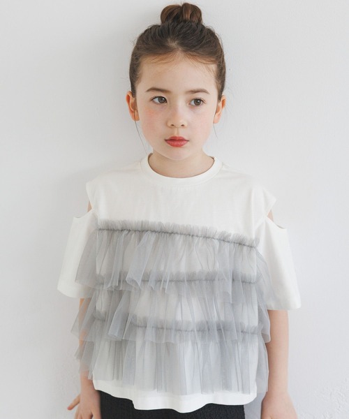 BAYFLOW（ベイフロー）の「[一枚でオシャレに決まる☆]チュールレイヤードオープンショルダーT(KIDS)（Tシャツ/カットソー・キッズ・ブルー/ホワイト/チャコール・110cm/120cm/130cm/140cm/150cm）」の6枚目の写真
