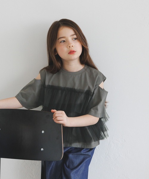BAYFLOW（ベイフロー）の「[一枚でオシャレに決まる☆]チュールレイヤードオープンショルダーT(KIDS)（Tシャツ/カットソー・キッズ・ブルー/ホワイト/チャコール・110cm/120cm/130cm/140cm/150cm）」の10枚目の写真