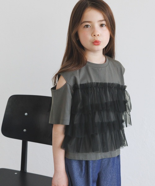 BAYFLOW（ベイフロー）の「[一枚でオシャレに決まる☆]チュールレイヤードオープンショルダーT(KIDS)（Tシャツ/カットソー・キッズ・ブルー/ホワイト/チャコール・110cm/120cm/130cm/140cm/150cm）」の11枚目の写真