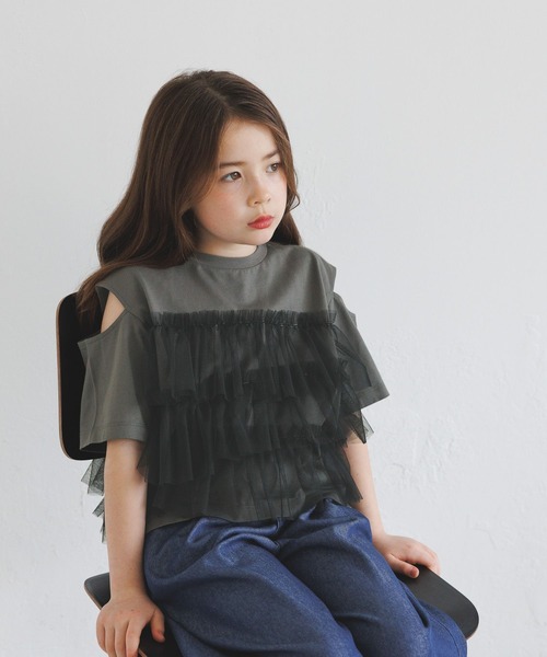 BAYFLOW（ベイフロー）の「[一枚でオシャレに決まる☆]チュールレイヤードオープンショルダーT(KIDS)（Tシャツ/カットソー・キッズ・ブルー/ホワイト/チャコール・110cm/120cm/130cm/140cm/150cm）」の12枚目の写真