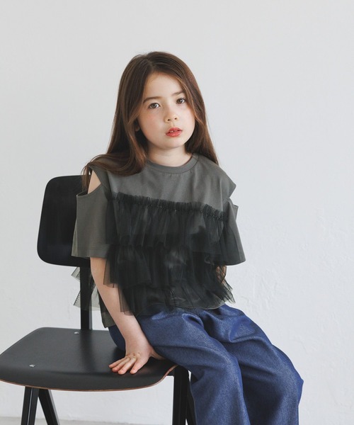 BAYFLOW（ベイフロー）の「[一枚でオシャレに決まる☆]チュールレイヤードオープンショルダーT(KIDS)（Tシャツ/カットソー・キッズ・ブルー/ホワイト/チャコール・110cm/120cm/130cm/140cm/150cm）」の13枚目の写真