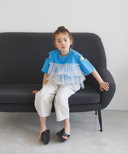 BAYFLOW（ベイフロー）の「[一枚でオシャレに決まる☆]チュールレイヤードオープンショルダーT(KIDS)（Tシャツ/カットソー・キッズ・ブルー/ホワイト/チャコール・110cm/120cm/130cm/140cm/150cm）」の15枚目の写真