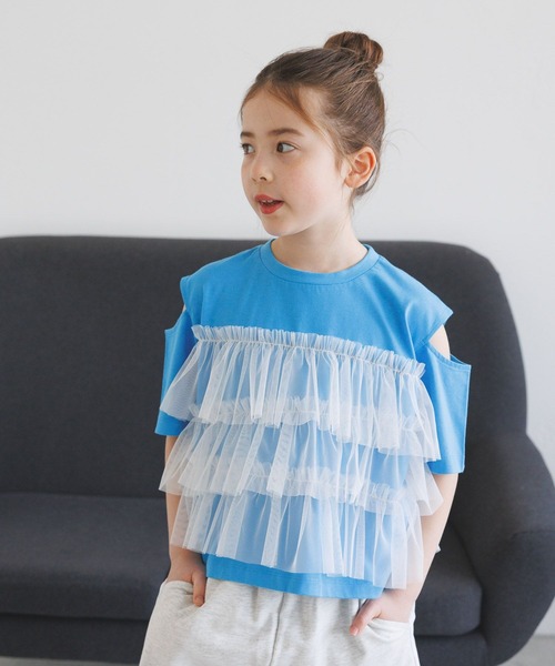 BAYFLOW（ベイフロー）の「[一枚でオシャレに決まる☆]チュールレイヤードオープンショルダーT(KIDS)（Tシャツ/カットソー・キッズ・ブルー/ホワイト/チャコール・110cm/120cm/130cm/140cm/150cm）」の17枚目の写真
