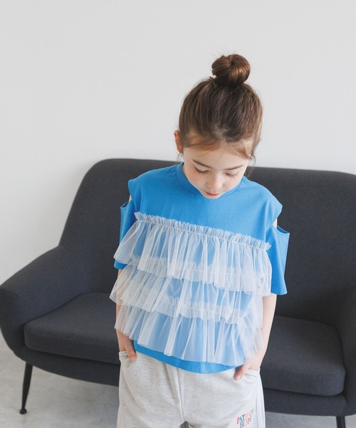 BAYFLOW（ベイフロー）の「[一枚でオシャレに決まる☆]チュールレイヤードオープンショルダーT(KIDS)（Tシャツ/カットソー・キッズ・ブルー/ホワイト/チャコール・110cm/120cm/130cm/140cm/150cm）」の18枚目の写真