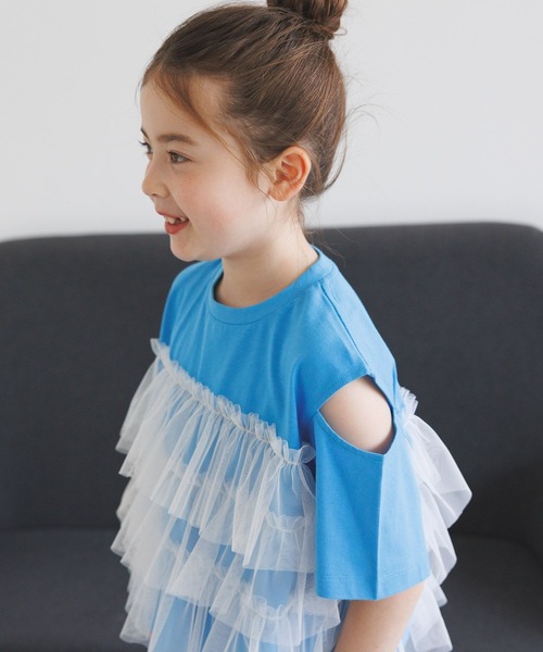BAYFLOW（ベイフロー）の「[一枚でオシャレに決まる☆]チュールレイヤードオープンショルダーT(KIDS)（Tシャツ/カットソー・キッズ・ブルー/ホワイト/チャコール・110cm/120cm/130cm/140cm/150cm）」の20枚目の写真