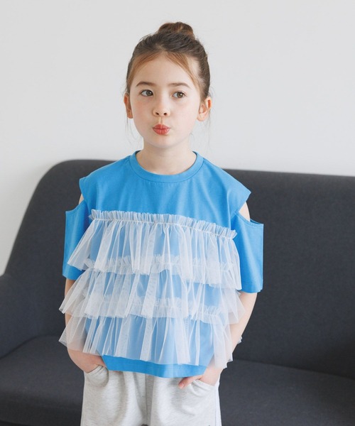 BAYFLOW（ベイフロー）の「[一枚でオシャレに決まる☆]チュールレイヤードオープンショルダーT(KIDS)（Tシャツ/カットソー・キッズ・ブルー/ホワイト/チャコール・110cm/120cm/130cm/140cm/150cm）」の21枚目の写真
