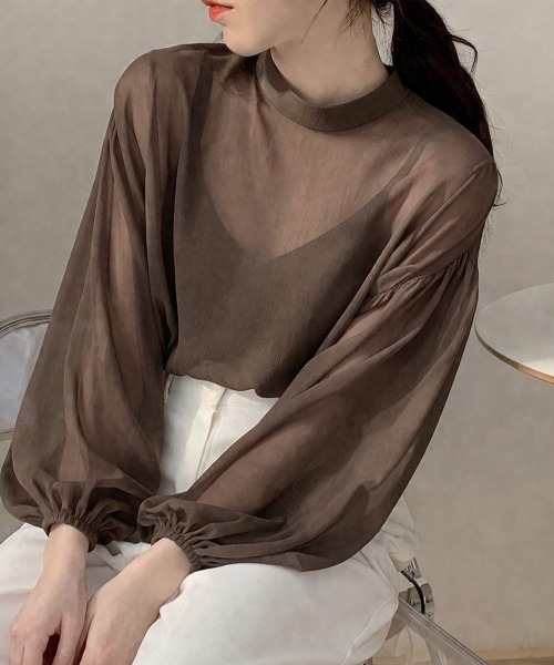 Miniministore(ミニミニストア)の「ボリュームスリーブ シアーブラウス透け感(シャツ/ブラウス・レディース・ピンクベージュ/グレー/ブラウン/ミント/ブラック・FREE)」の2枚目の写真