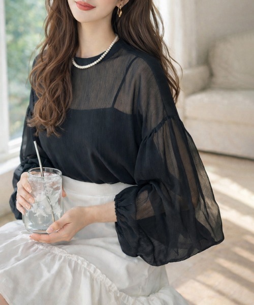 Miniministore(ミニミニストア)の「ボリュームスリーブ シアーブラウス透け感(シャツ/ブラウス・レディース・ピンクベージュ/グレー/ブラウン/ミント/ブラック・FREE)」の1枚目の写真
