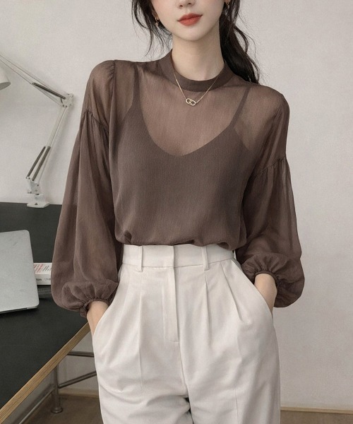 Miniministore(ミニミニストア)の「ボリュームスリーブ シアーブラウス透け感(シャツ/ブラウス・レディース・ピンクベージュ/グレー/ブラウン/ミント/ブラック・FREE)」の19枚目の写真