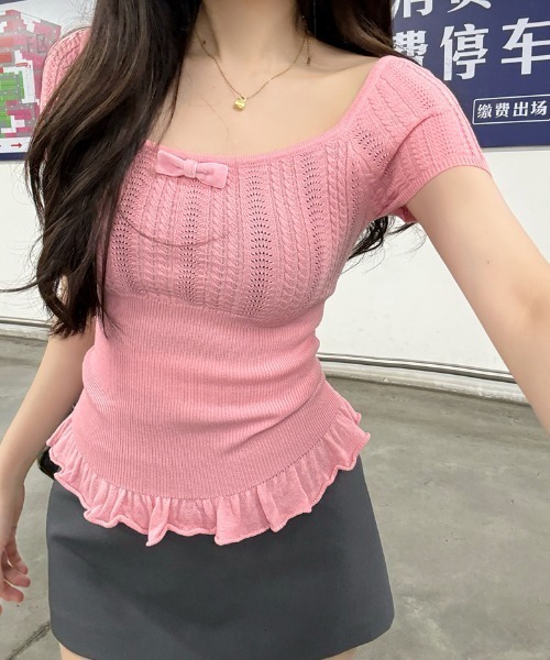 LUCPY（ラクピー）の「リボンフリルリブニットトップス（その他トップス・レディース・ピンク/ホワイト・LARGE/MEDIUM/SMALL）」の2枚目の写真