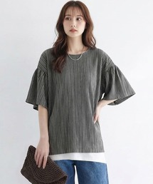 トップス 夏 レディース Tシャツ ブラウス シャツ きれいめ カットソー カジュアル ゆったり 体型カバー オフィスカジュアル オーバーサイズ フレアスリーブ ボリューム袖 半袖 ミドル丈 春 夏 初秋 女性 可愛い 大人