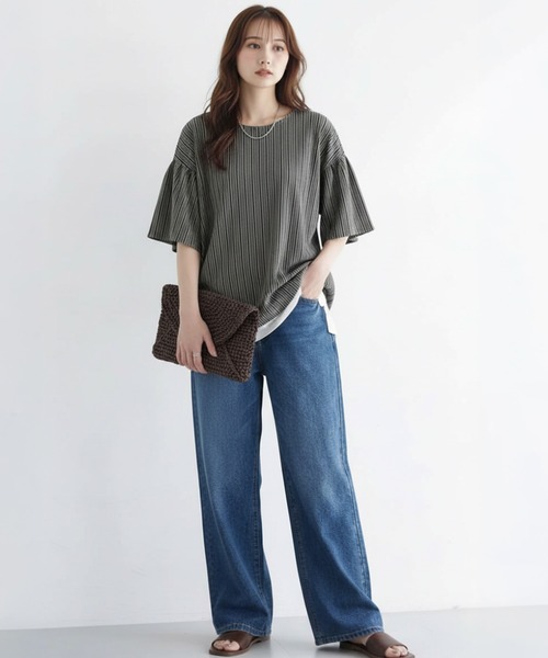Cinderella(シンデレラ)の「トップス 夏 レディース Tシャツ ブラウス シャツ きれいめ カットソー カジュアル ゆったり 体型カバー オフィスカジュアル オーバーサイズ フレアスリーブ ボリューム袖 半袖 ミドル丈 春 夏 初秋 女性 可愛い 大人(シャツ/ブラウス・レディース・ベージュ/ブラック・FREE)」の6枚目の写真