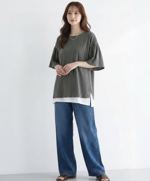 Cinderella(シンデレラ)の「トップス 夏 レディース Tシャツ ブラウス シャツ きれいめ カットソー カジュアル ゆったり 体型カバー オフィスカジュアル オーバーサイズ フレアスリーブ ボリューム袖 半袖 ミドル丈 春 夏 初秋 女性 可愛い 大人(シャツ/ブラウス・レディース・ベージュ/ブラック・FREE)」の7枚目の写真