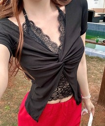 【カップ付き】レースレイヤードツイスト半袖Tシャツ