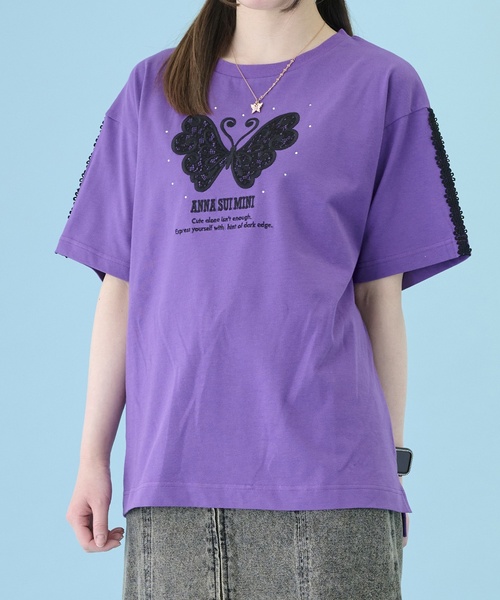 ANNA SUI mini(アナスイ・ミニ)の「【親子リンク】LADIES レース蝶ビッグT(Tシャツ/カットソー・レディース・パープル/ライトカーキ・F)」の1枚目の写真