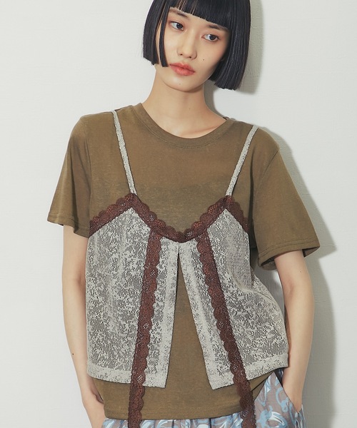 ANOTHER S(アナザーエス)の「レースビスチェレイヤードスラブシアーTシャツ(Tシャツ/カットソー・レディース・グレイッシュベージュ/オフホワイト/カーキ・FREE)」の3枚目の写真