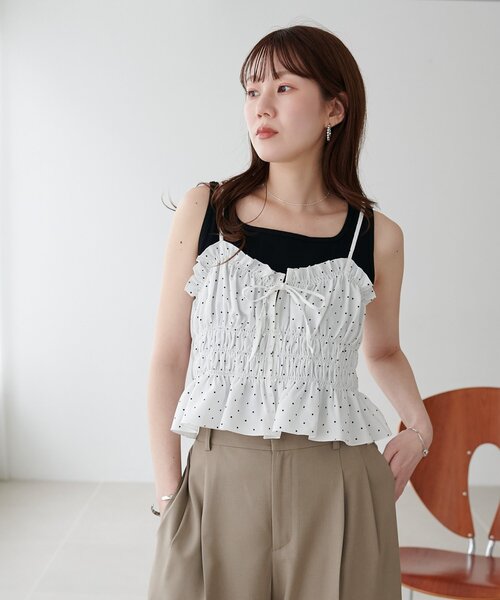DISCOAT(ディスコート)の「ドット柄シャーリングキャミ(キャミソール・レディース・ミント/オフホワイト/ブラック・FREE)」の19枚目の写真